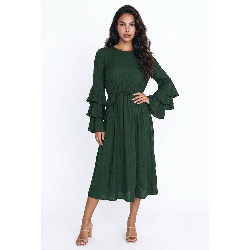 S/W/F‎ Tier Ruffle Sleeve Midi Dress Women Small Green Boho Romantic Cottagecore